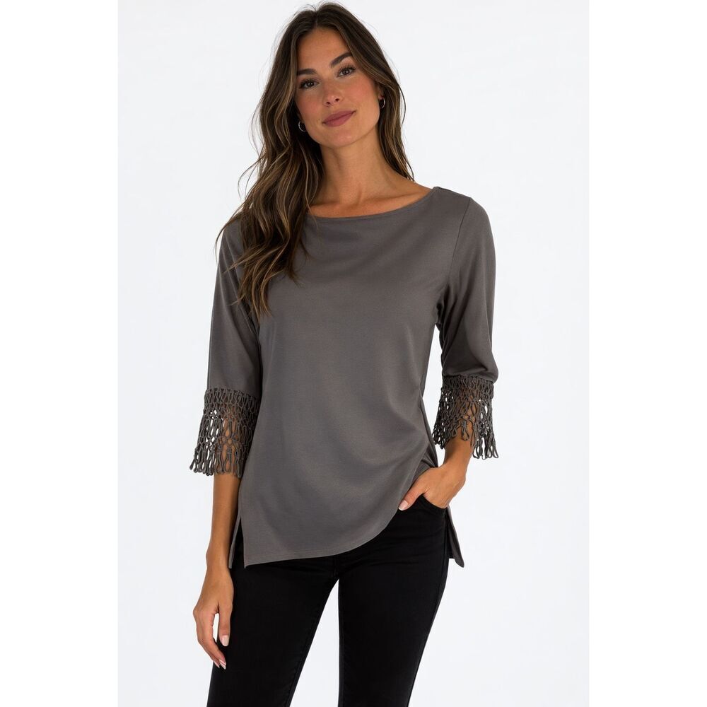 NWT Ann Taylor Gray Lace Sleeve Blouse Modern Romantic Boho Chic Top Size Small